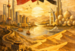 Editorial illustration of China and Middle East partnership, with the Great Wall meeting desert landscapes and modern Gulf architecture