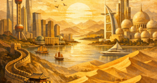 Editorial illustration of China and Middle East partnership, with the Great Wall meeting desert landscapes and modern Gulf architecture
