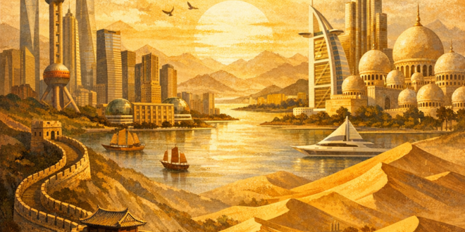 Editorial illustration of China and Middle East partnership, with the Great Wall meeting desert landscapes and modern Gulf architecture