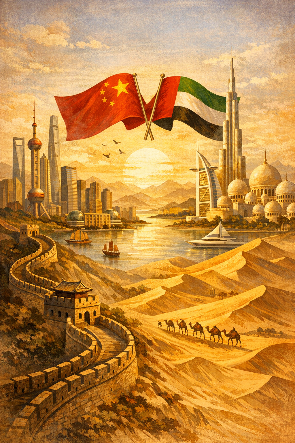Editorial illustration of China and Middle East partnership, with the Great Wall meeting desert landscapes and modern Gulf architecture